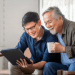 A young man points to the screen of a tablet while showing an older man something on the tablet.